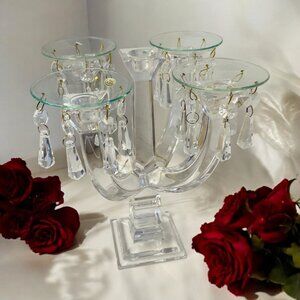 Elegant Crystal-Look 4-Arm Candelabra With Hanging Glass Prisms ‎ 9 1/2 x 9"